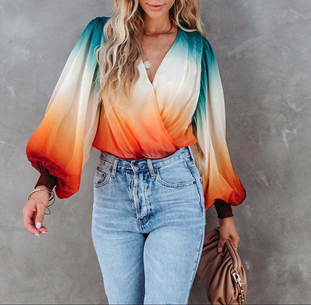 Fashion Gradient See-Through Chiffon Shirt