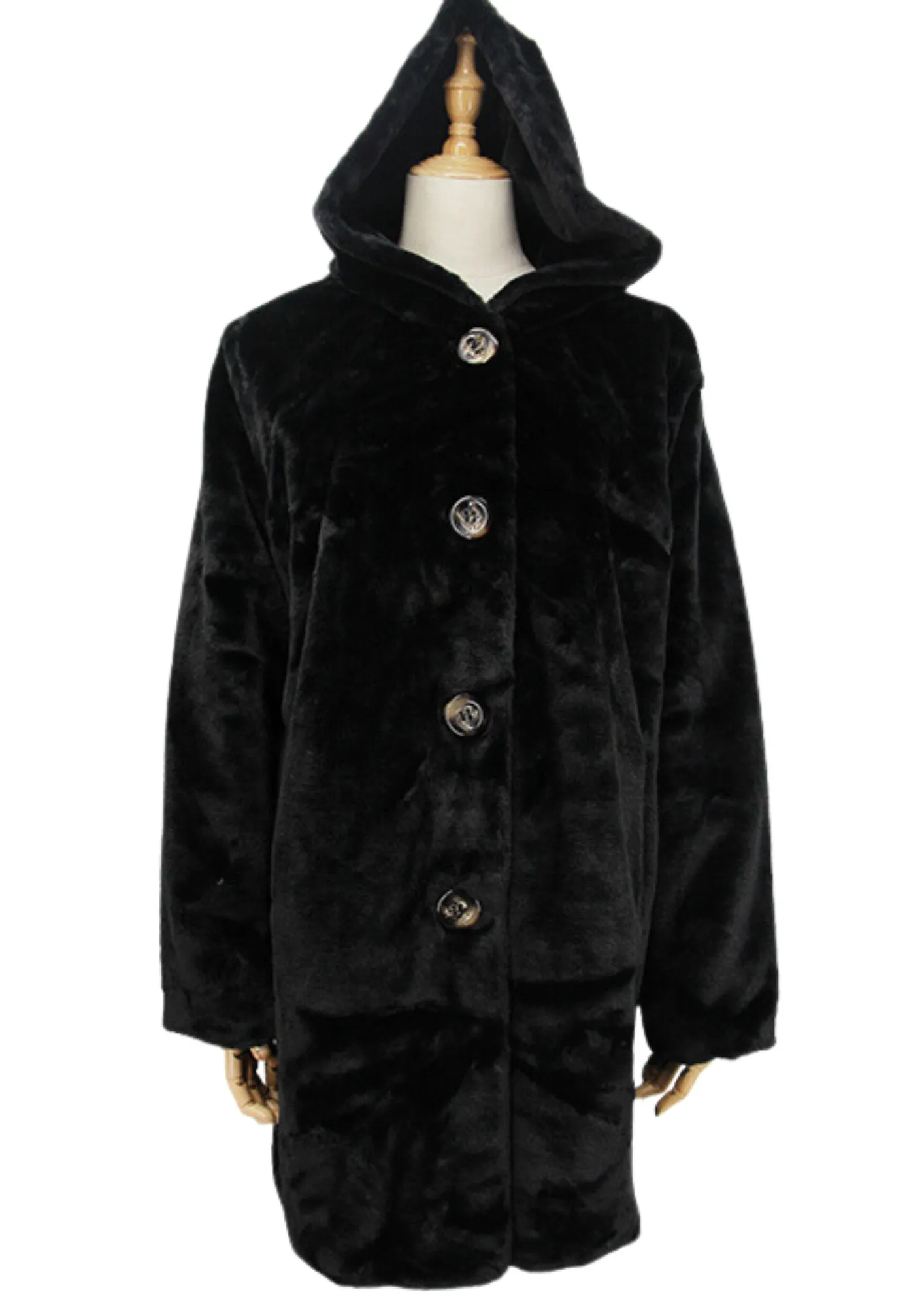 FAUX FUR HOODED JACKET - BLACK
