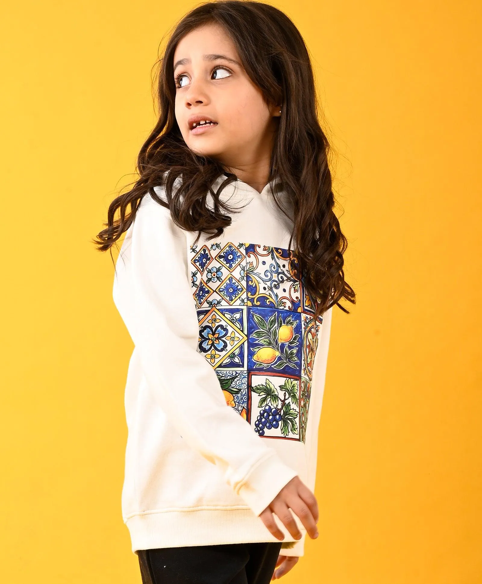LEMON VIBES FLEECE GIRLS HOODIE - WHITE