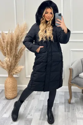 Melanie Black Faux Fur Hooded Longline Padded Coat