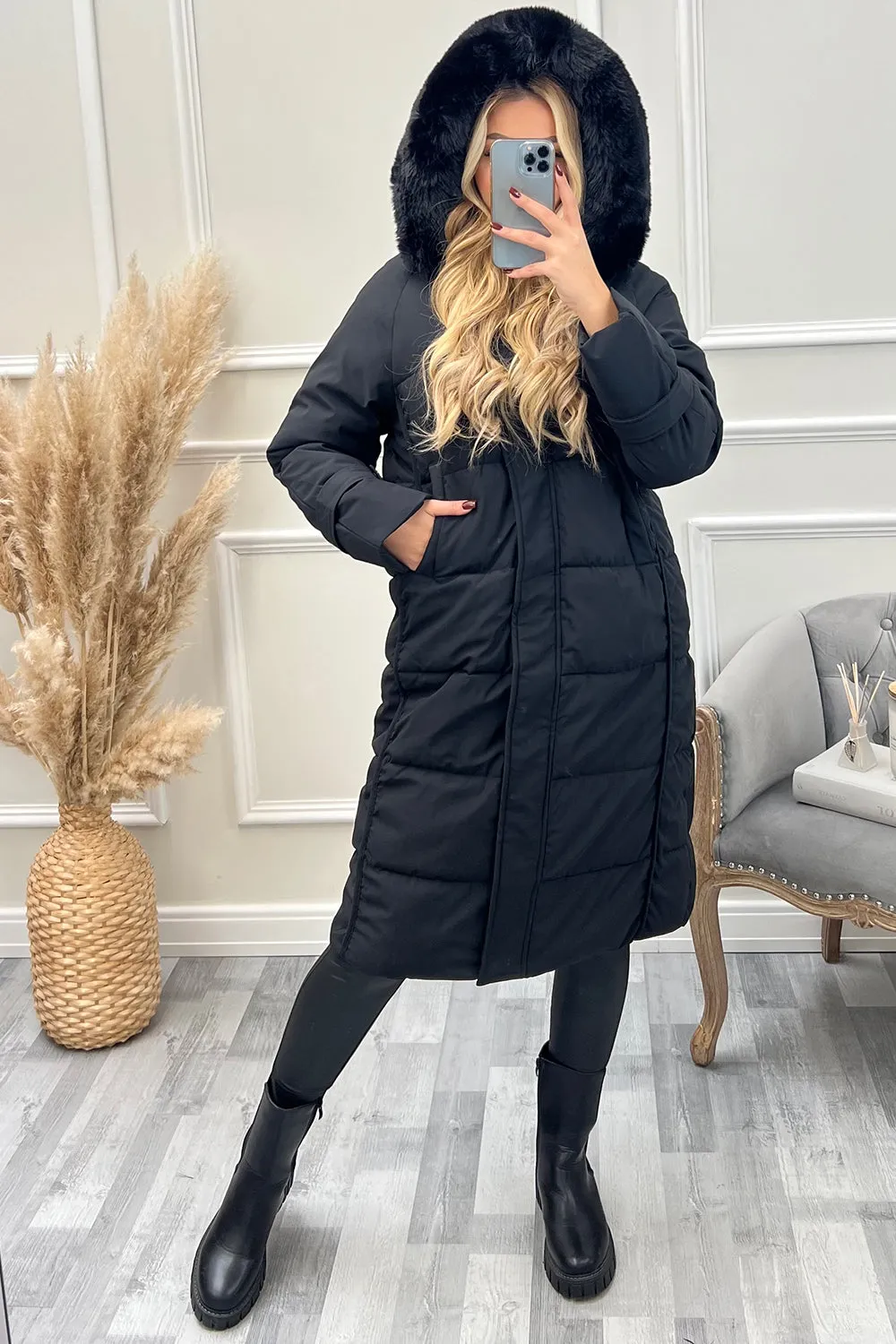 Melanie Black Faux Fur Hooded Longline Padded Coat
