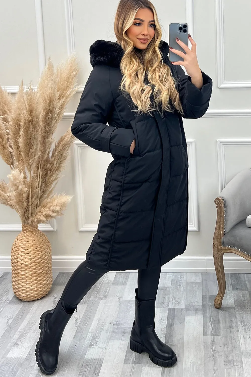 Melanie Black Faux Fur Hooded Longline Padded Coat