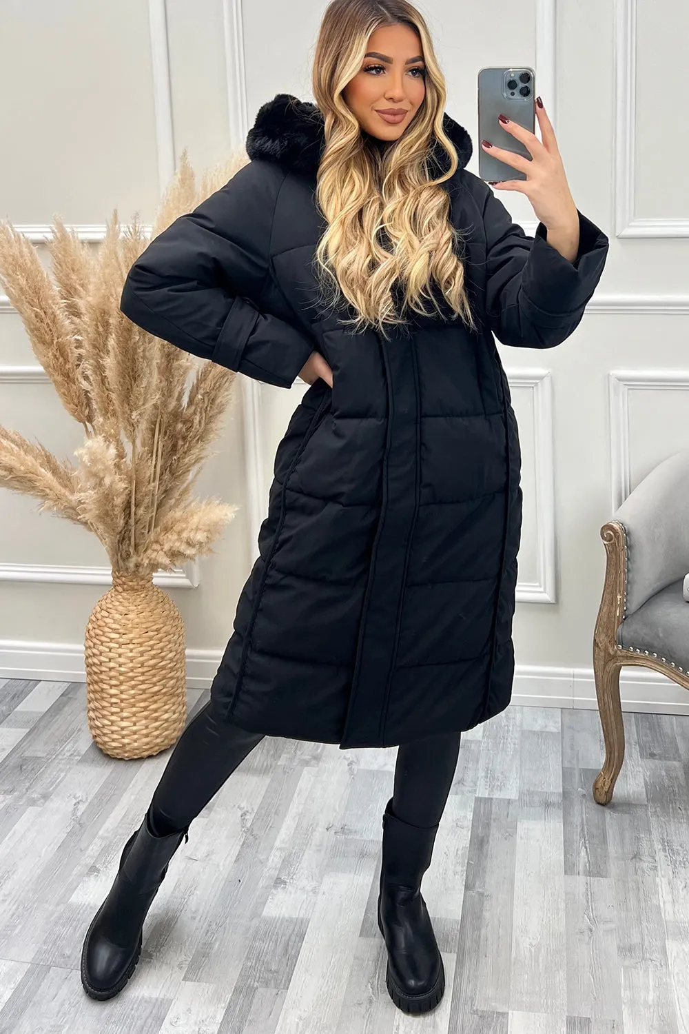 Melanie Black Faux Fur Hooded Longline Padded Coat