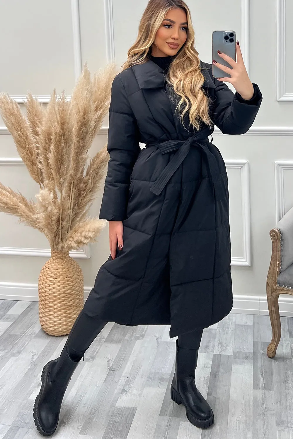 Mya Black Belted Longline Padded Duvet Coat