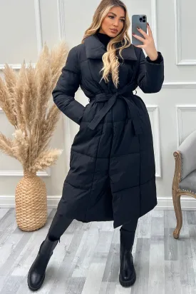 Mya Black Belted Longline Padded Duvet Coat