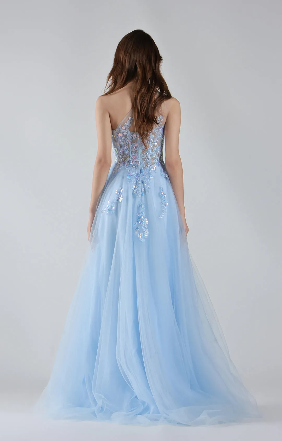 One Shoulder Floral Appliquéd Sheer A-line Dresses
