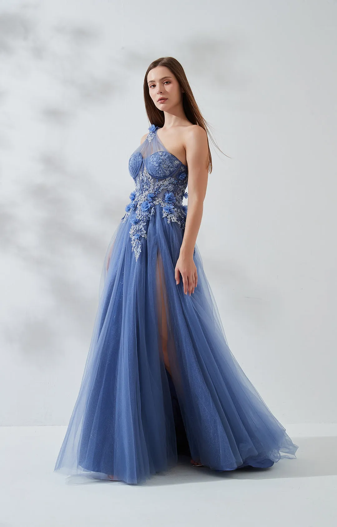 Slanted One Shoulder Appliquéd Glitter Dress