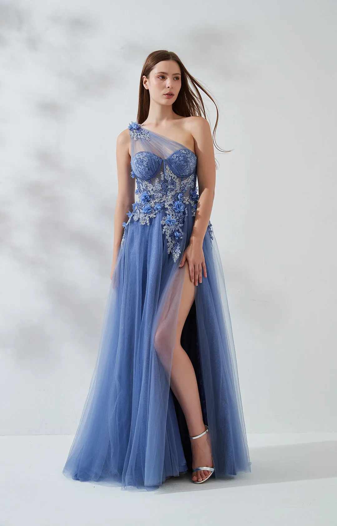 Slanted One Shoulder Appliquéd Glitter Dress