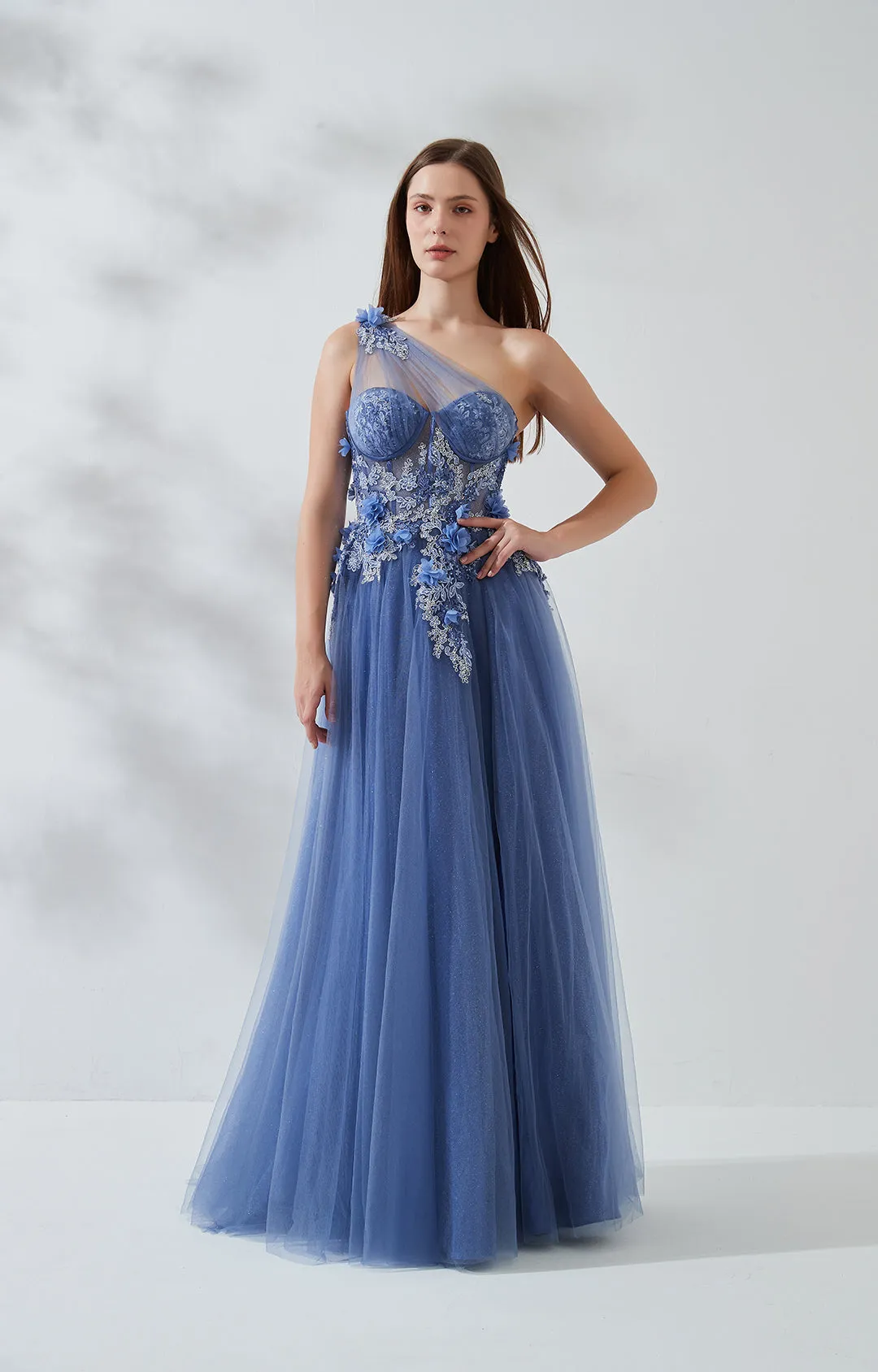 Slanted One Shoulder Appliquéd Glitter Dress