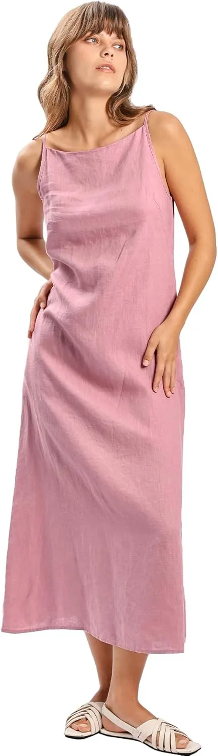 Women's 100% Linen Sleevelesss Black Tie Maxi Dresses