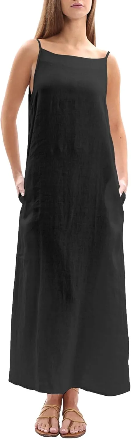 Women's 100% Linen Sleevelesss Black Tie Maxi Dresses
