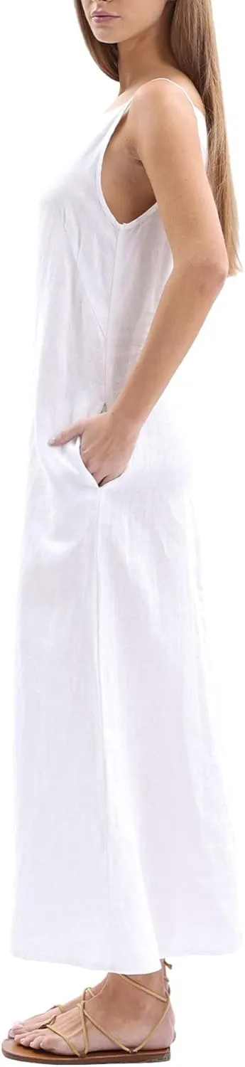 Women's 100% Linen Sleevelesss Black Tie Maxi Dresses