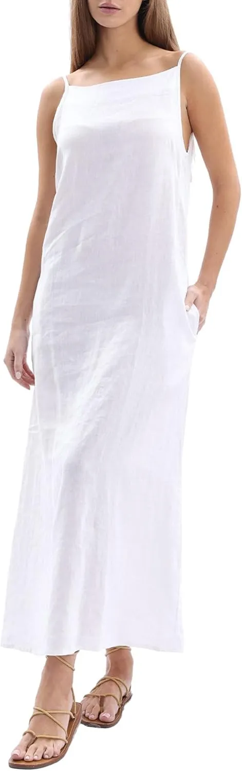 Women's 100% Linen Sleevelesss Black Tie Maxi Dresses