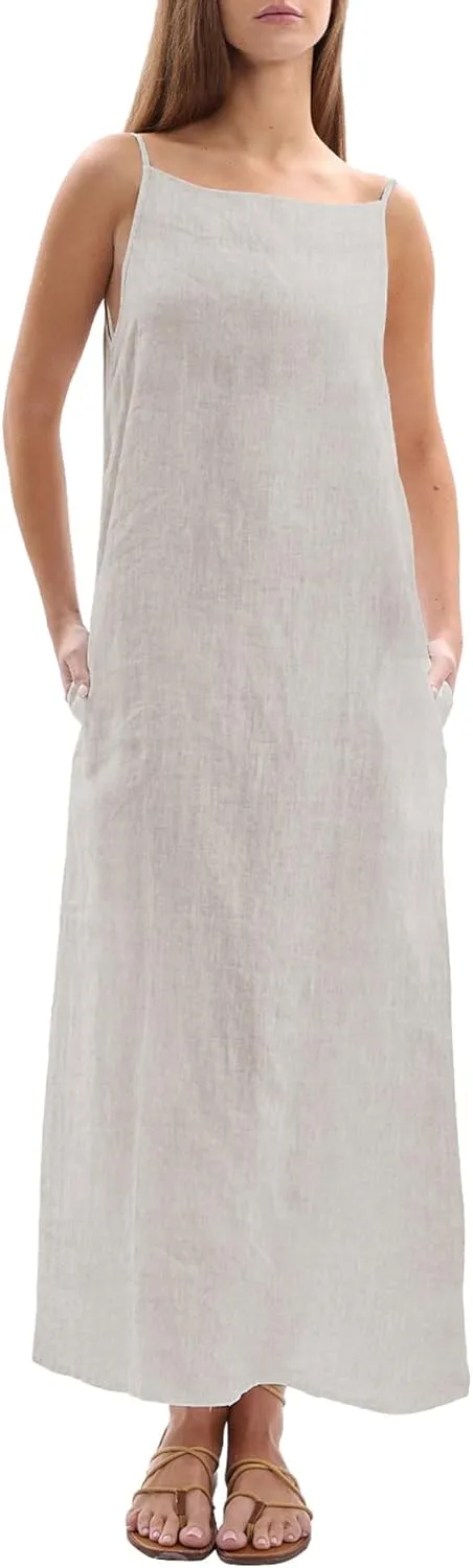 Women's 100% Linen Sleevelesss Black Tie Maxi Dresses