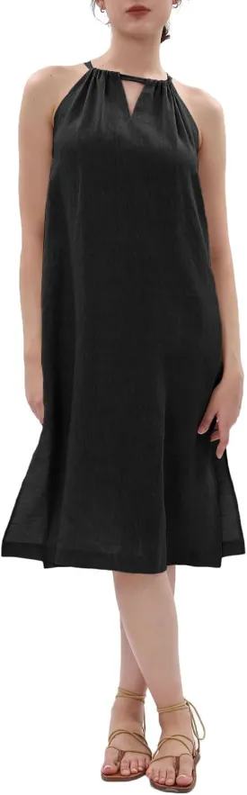 Women's 100% Linen Sleevelesss Halter Splits Midi Dresses