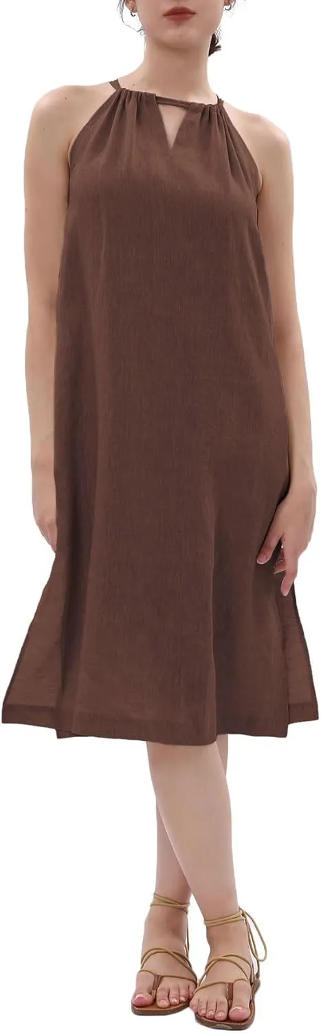 Women's 100% Linen Sleevelesss Halter Splits Midi Dresses