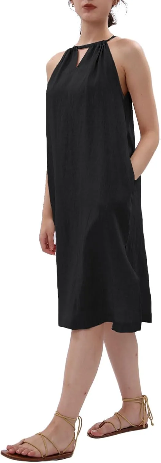 Women's 100% Linen Sleevelesss Halter Splits Midi Dresses