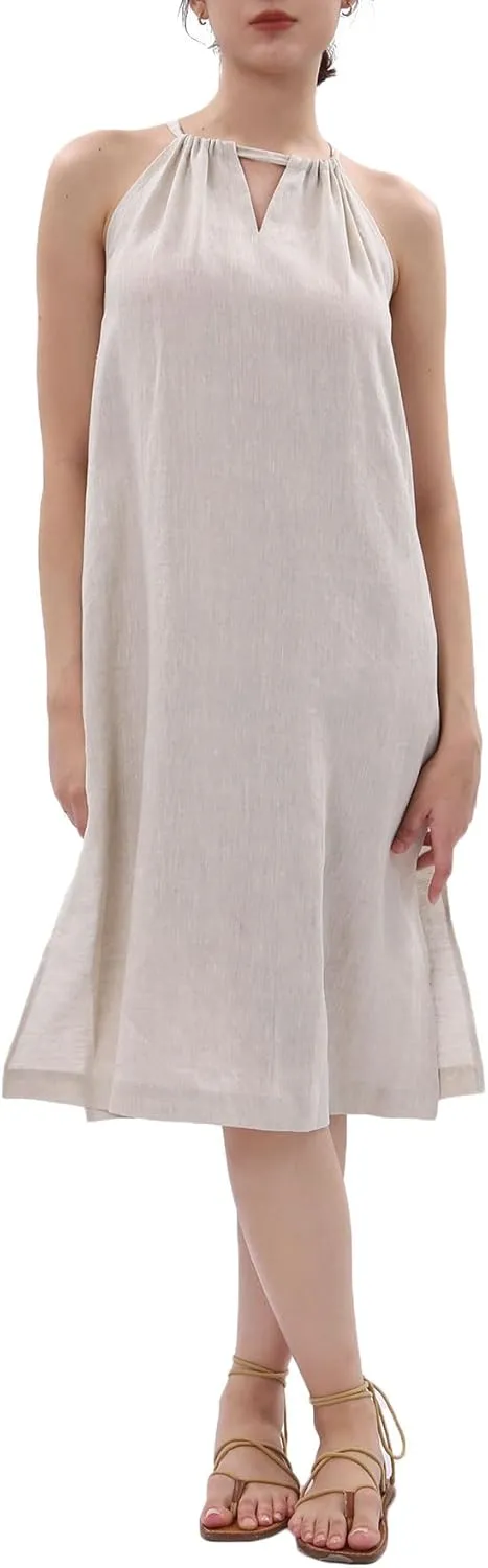 Women's 100% Linen Sleevelesss Halter Splits Midi Dresses