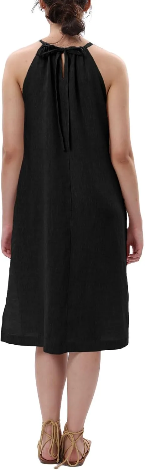 Women's 100% Linen Sleevelesss Halter Splits Midi Dresses