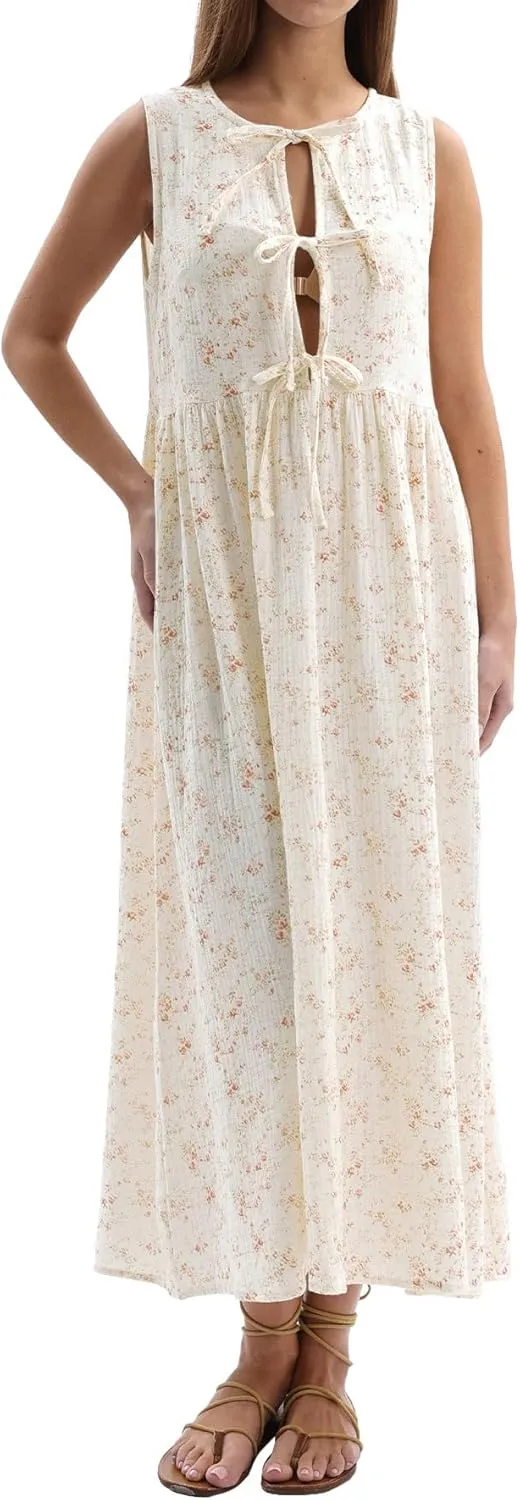 Women's Cotton Gauze Floral Tie Front Sleeveless Maxi Dress