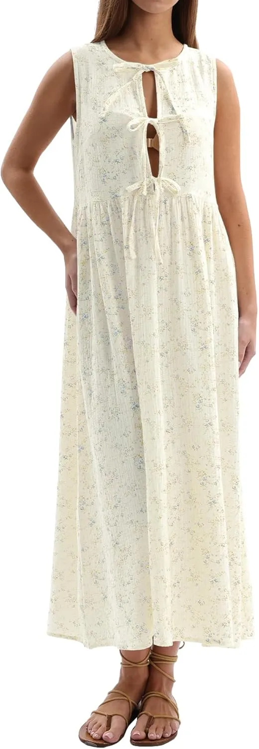 Women's Cotton Gauze Floral Tie Front Sleeveless Maxi Dress