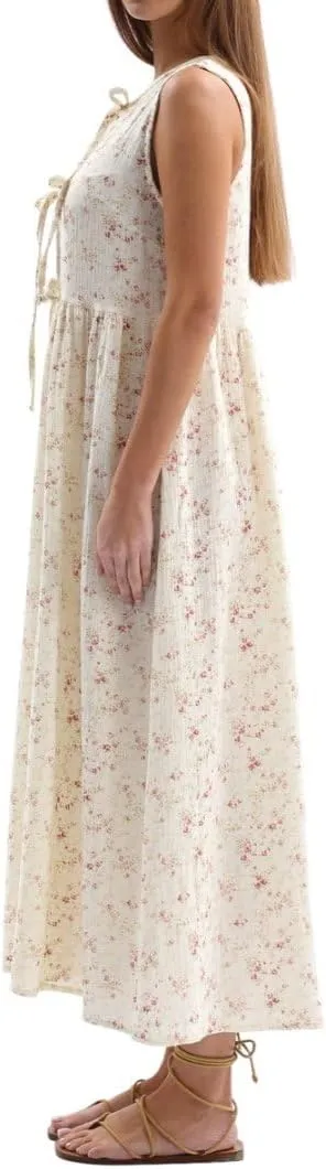 Women's Cotton Gauze Floral Tie Front Sleeveless Maxi Dress