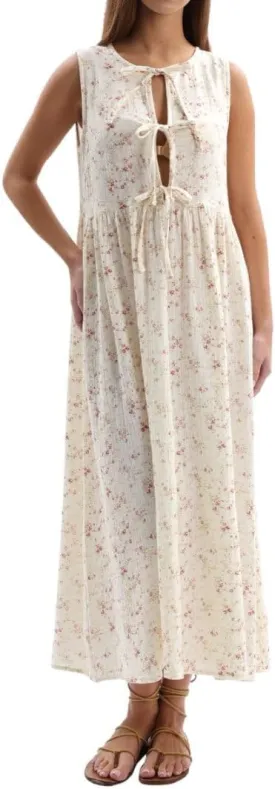 Women's Cotton Gauze Floral Tie Front Sleeveless Maxi Dress